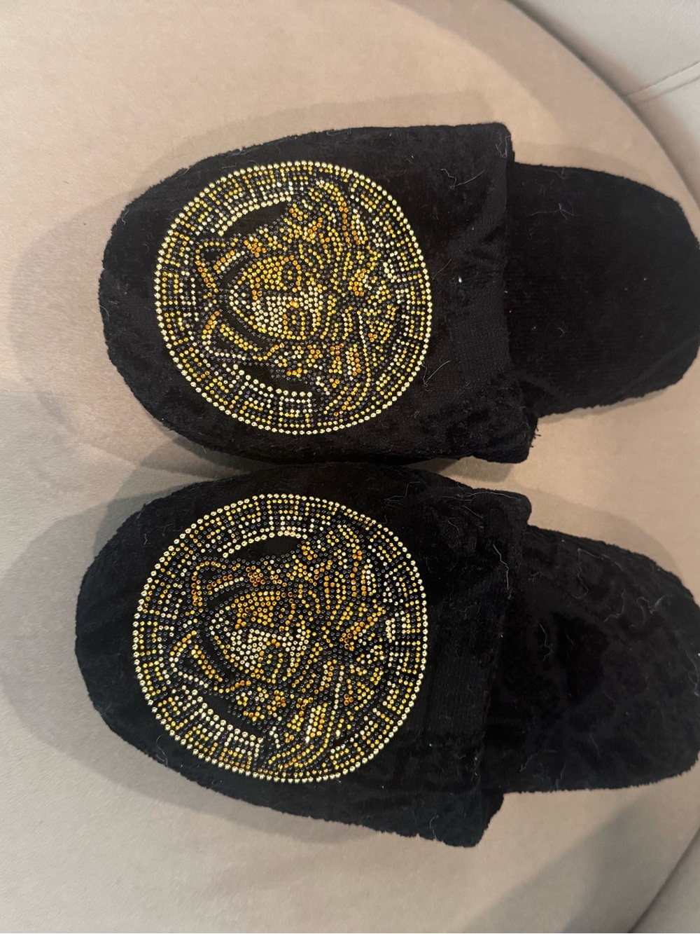 Versace Black Kids Slip-On Slippers with Gold Beaded Medallion